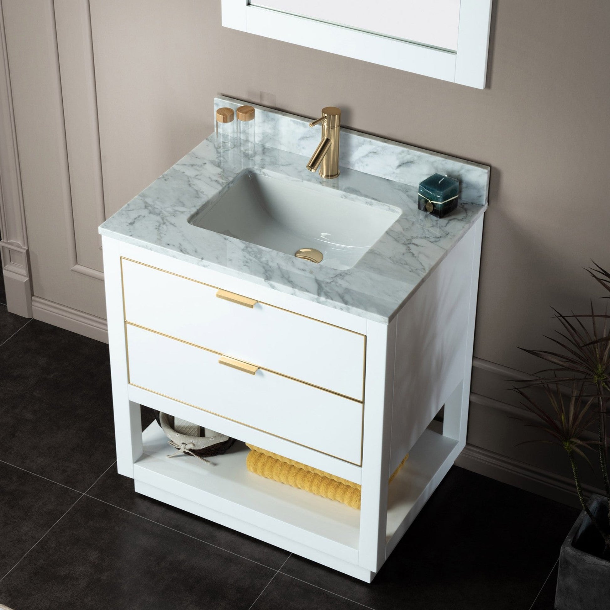 Woodbridge Venice 31" White and Gold Trim Solid Wood Vanity Base and Carrara Marble Top With Pre-Drilled Single Hole Faucet