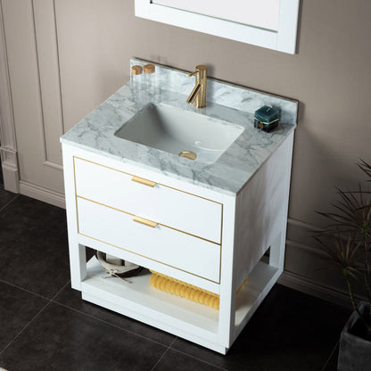 Woodbridge Venice 31" White and Gold Trim Solid Wood Vanity Base and Carrara Marble Top With Pre-Drilled Single Hole Faucet