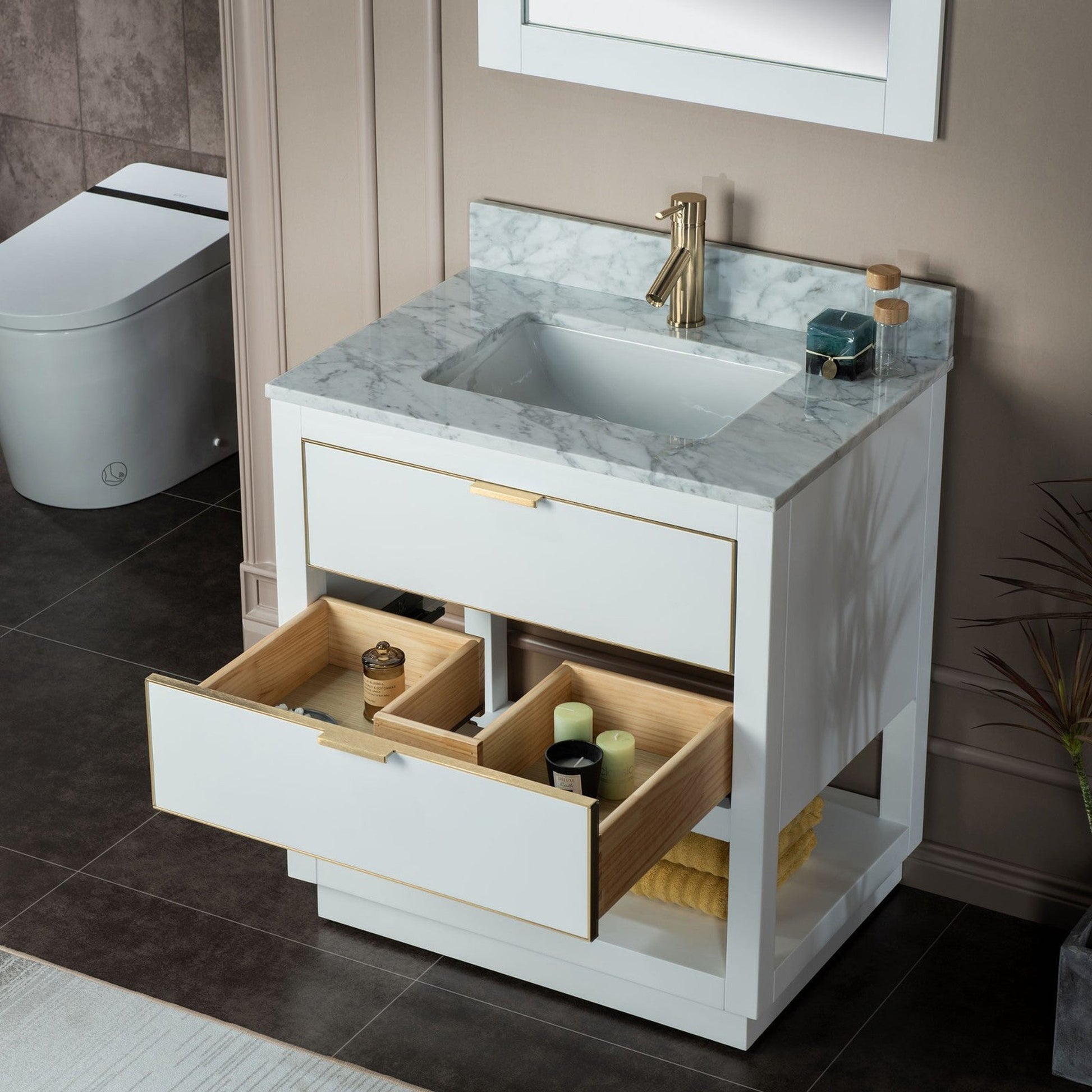 Woodbridge Venice 31" White and Gold Trim Solid Wood Vanity Base and Carrara Marble Top With Pre-Drilled Single Hole Faucet