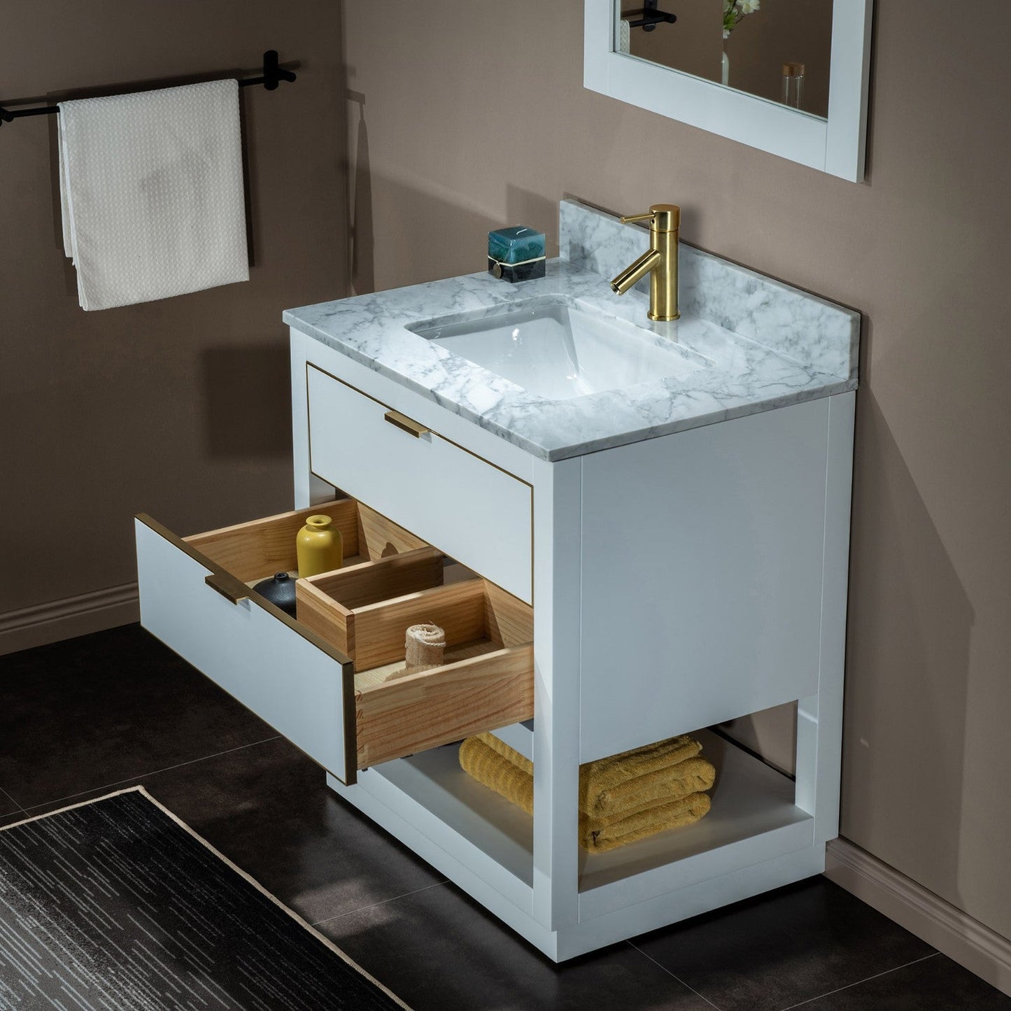 Woodbridge Venice 31" White and Gold Trim Solid Wood Vanity Base and Carrara Marble Top With Pre-Drilled Single Hole Faucet