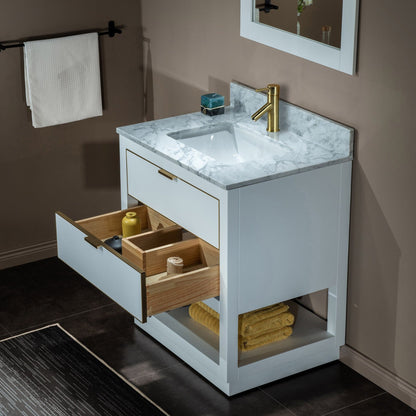 Woodbridge Venice 31" White and Gold Trim Solid Wood Vanity Base and Carrara Marble Top With Pre-Drilled Single Hole Faucet