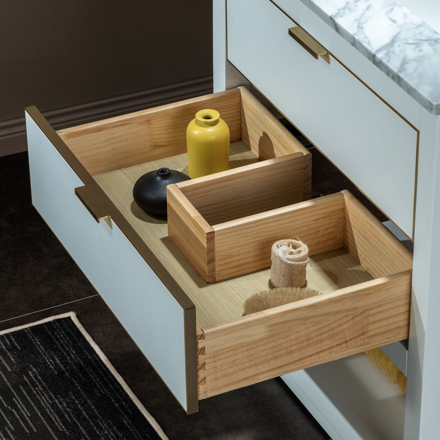 Woodbridge Venice 31" White and Gold Trim Solid Wood Vanity Base and Carrara Marble Top With Pre-Drilled Single Hole Faucet