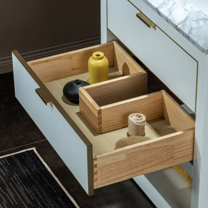 Woodbridge Venice 31" White and Gold Trim Solid Wood Vanity Base and Carrara Marble Top With Pre-Drilled Single Hole Faucet