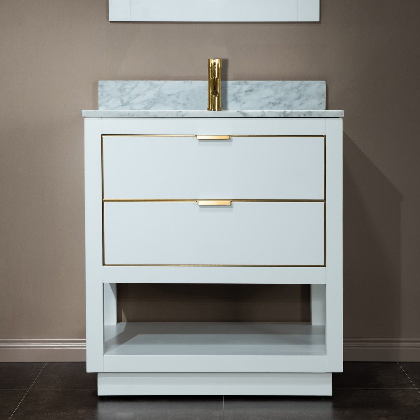 Woodbridge Venice 31" White and Gold Trim Solid Wood Vanity Base and Carrara Marble Top With Pre-Drilled Single Hole Faucet