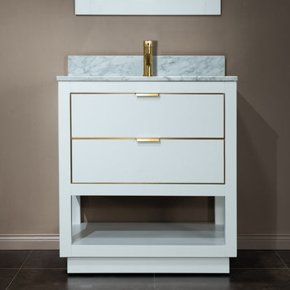 Woodbridge Venice 31" White and Gold Trim Solid Wood Vanity Base and Carrara Marble Top With Pre-Drilled Single Hole Faucet