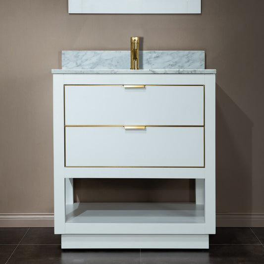 Woodbridge Venice 31" White and Gold Trim Solid Wood Vanity Base and Carrara Marble Top With Pre-Drilled Single Hole Faucet