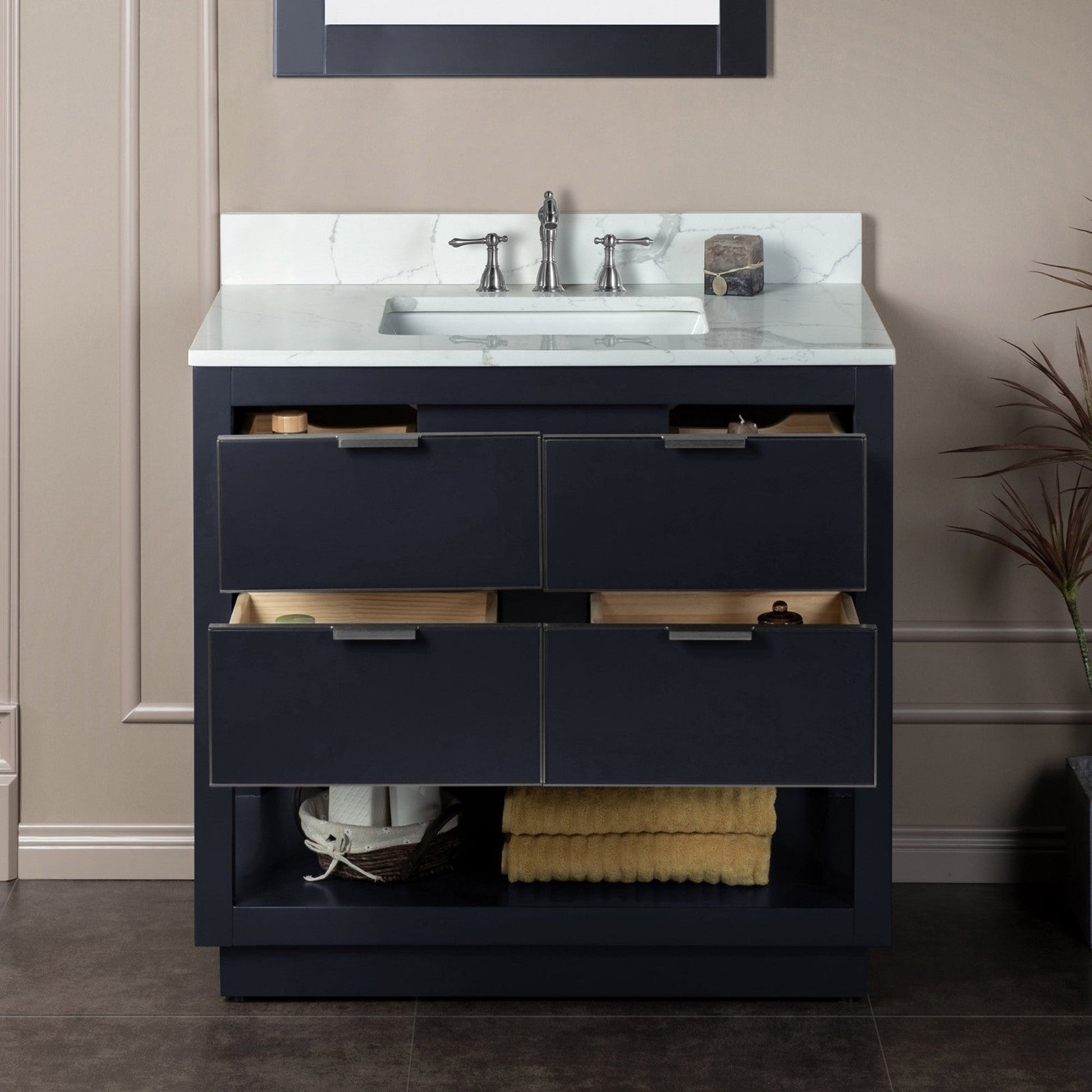Woodbridge Venice 37" Gray With Brushed Nickel Trim Solid Wood Vanity Base and Fish Belly White Engineered Stone Composite Top With 3 Pre-drilled Holes for 8" Widespread Faucet