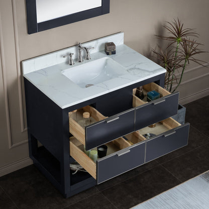 Woodbridge Venice 37" Gray With Brushed Nickel Trim Solid Wood Vanity Base and Fish Belly White Engineered Stone Composite Top With 3 Pre-drilled Holes for 8" Widespread Faucet
