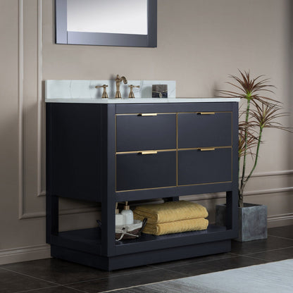 Woodbridge Venice 37" Gray With Gold Trim Solid Wood Vanity Base and Fish Belly White Engineered Stone Composite Top With 3 Pre-drilled Holes for 8" Widespread Faucet