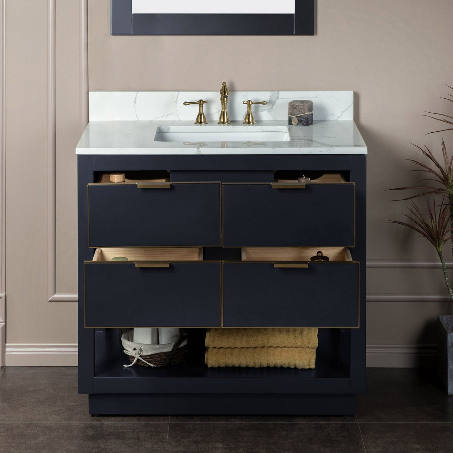Woodbridge Venice 37" Gray With Gold Trim Solid Wood Vanity Base and Fish Belly White Engineered Stone Composite Top With 3 Pre-drilled Holes for 8" Widespread Faucet