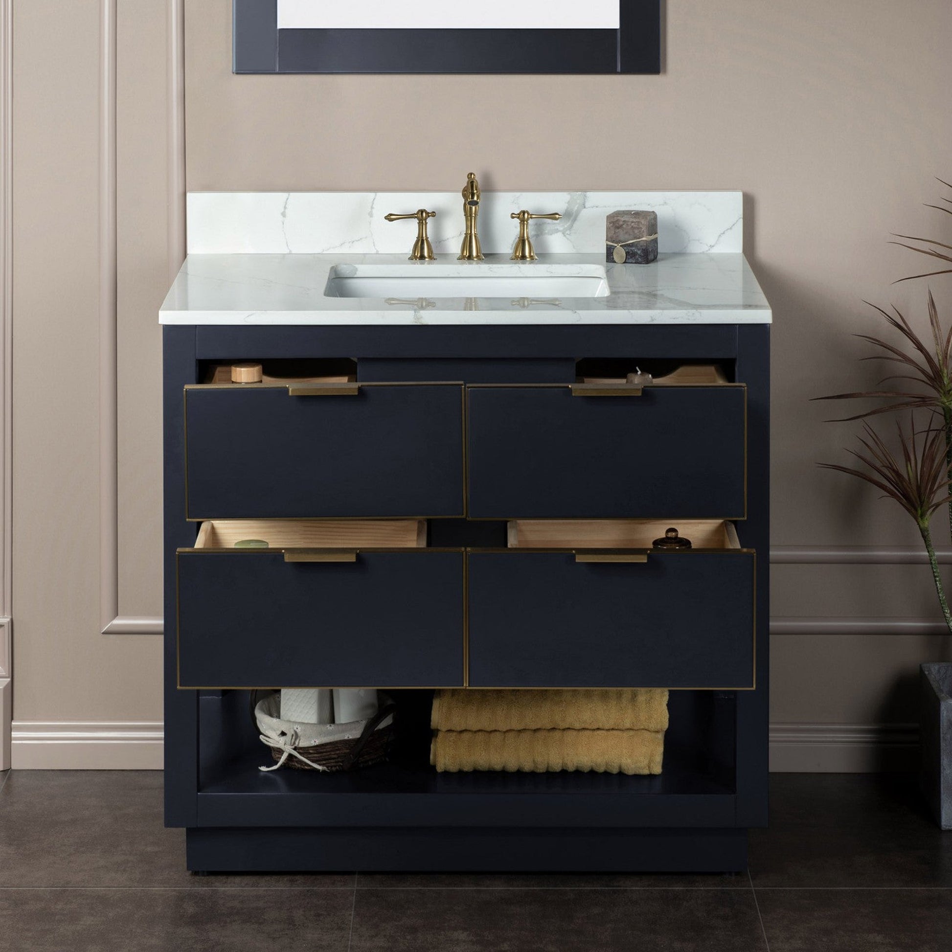 Woodbridge Venice 37" Gray With Gold Trim Solid Wood Vanity Base and Fish Belly White Engineered Stone Composite Top With 3 Pre-drilled Holes for 8" Widespread Faucet