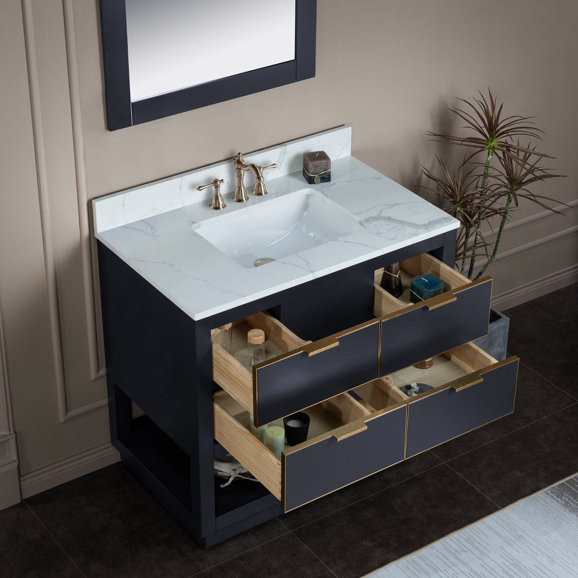 Woodbridge Venice 37" Gray With Gold Trim Solid Wood Vanity Base and Fish Belly White Engineered Stone Composite Top With 3 Pre-drilled Holes for 8" Widespread Faucet