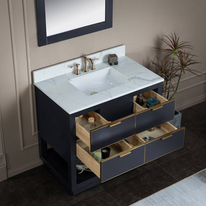 Woodbridge Venice 37" Gray With Gold Trim Solid Wood Vanity Base and Fish Belly White Engineered Stone Composite Top With 3 Pre-drilled Holes for 8" Widespread Faucet