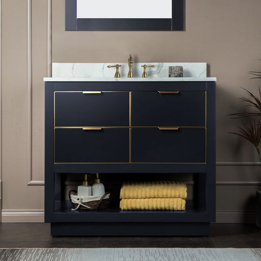 Woodbridge Venice 37" Gray With Gold Trim Solid Wood Vanity Base and Fish Belly White Engineered Stone Composite Top With 3 Pre-drilled Holes for 8" Widespread Faucet