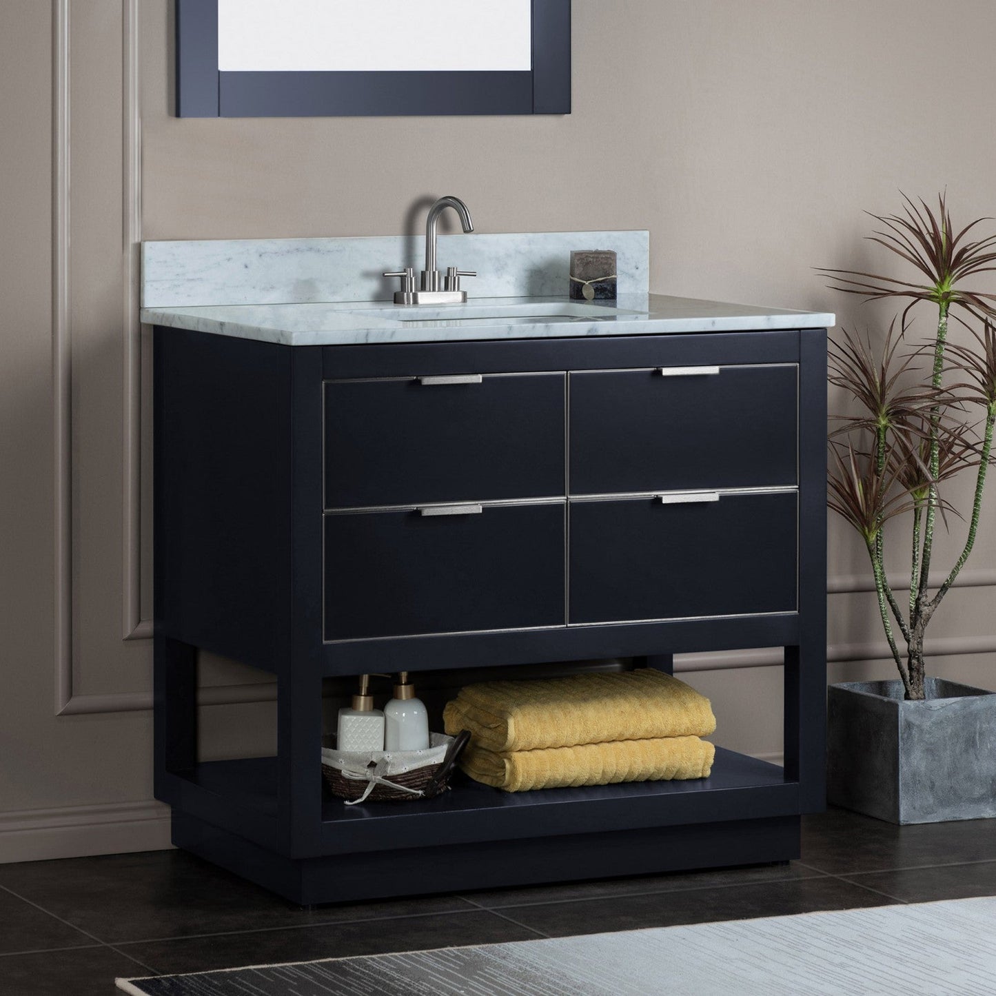 Woodbridge Venice 37" Gray and Brushed Nickel Trim Solid Wood Vanity Base and Carrara Marble Top With 3 Pre-Drilled Holes for 4" Centerset Faucet
