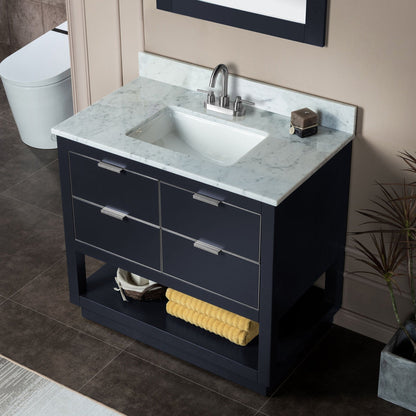 Woodbridge Venice 37" Gray and Brushed Nickel Trim Solid Wood Vanity Base and Carrara Marble Top With 3 Pre-Drilled Holes for 4" Centerset Faucet