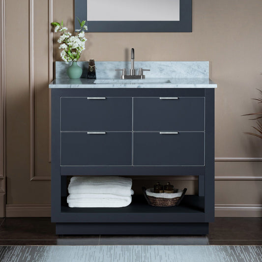 Woodbridge Venice 37" Gray and Brushed Nickel Trim Solid Wood Vanity Base and Carrara Marble Top With 3 Pre-Drilled Holes for 4" Centerset Faucet