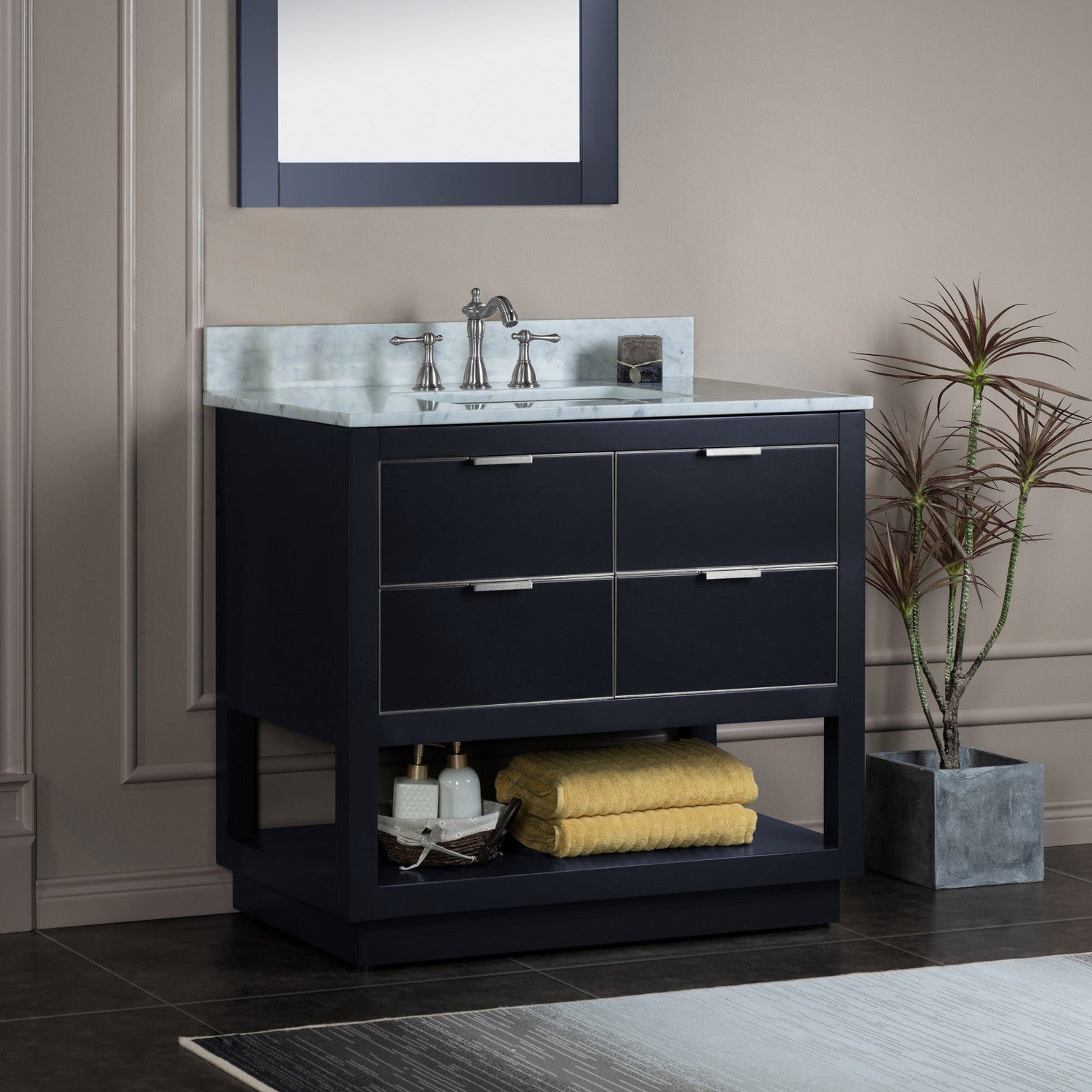 Woodbridge Venice 37" Gray and Brushed Nickel Trim Solid Wood Vanity Base and Carrara Marble Top With 3 Pre-drilled Holes for 8" Widespread Faucet