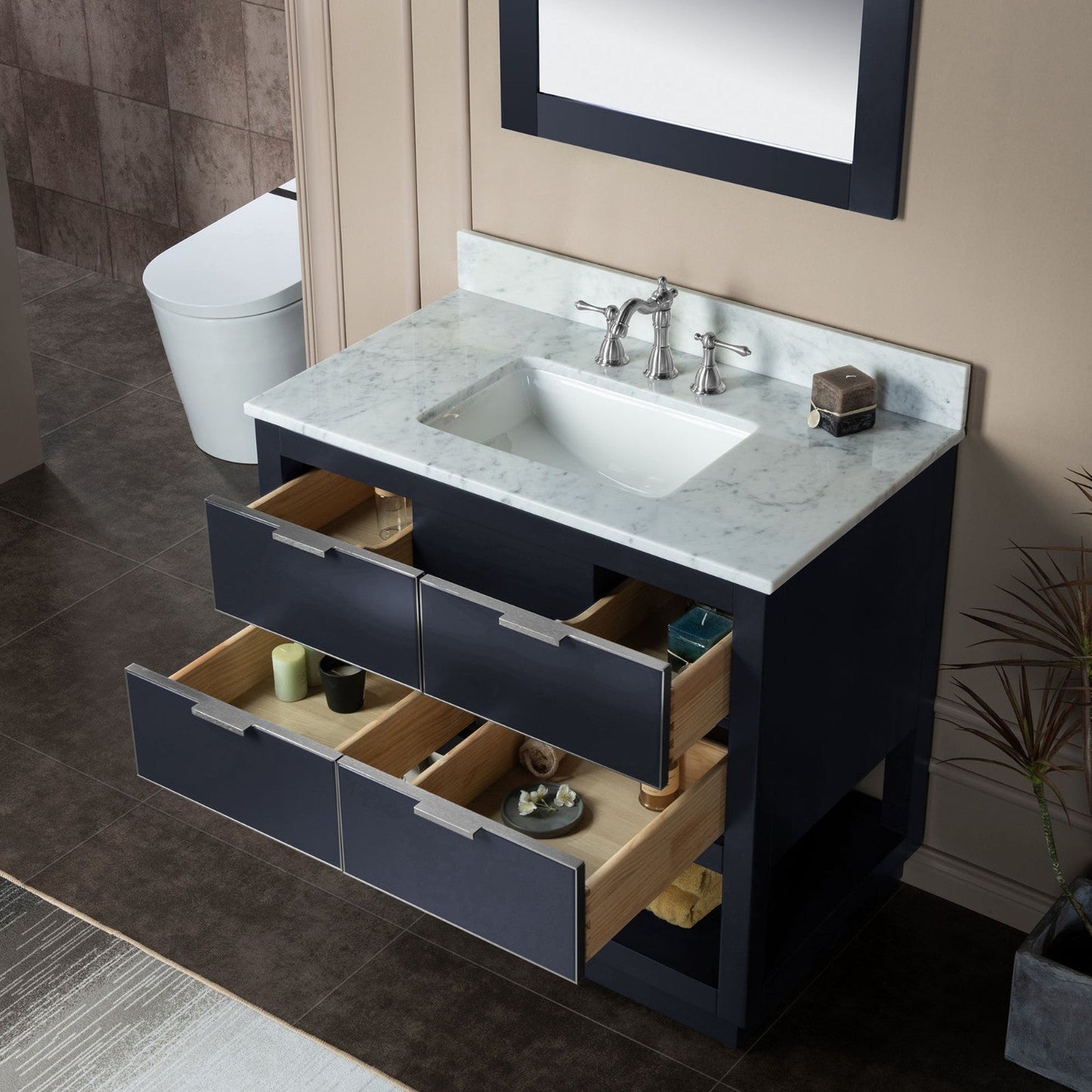 Woodbridge Venice 37" Gray and Brushed Nickel Trim Solid Wood Vanity Base and Carrara Marble Top With 3 Pre-drilled Holes for 8" Widespread Faucet