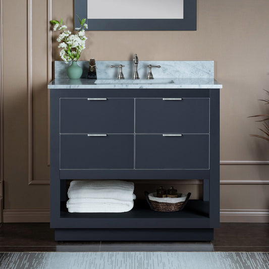 Woodbridge Venice 37" Gray and Brushed Nickel Trim Solid Wood Vanity Base and Carrara Marble Top With 3 Pre-drilled Holes for 8" Widespread Faucet