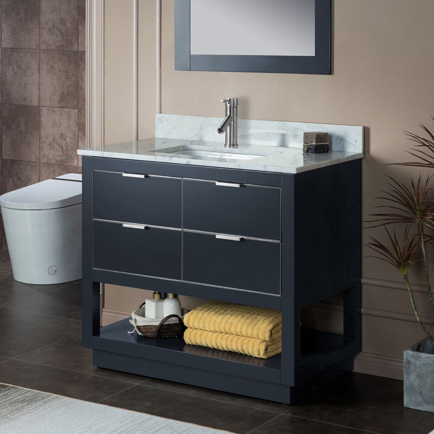 Woodbridge Venice 37" Gray and Brushed Nickel Trim Solid Wood Vanity Base and Carrara Marble Top With Pre-Drilled Single Hole Faucet