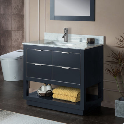 Woodbridge Venice 37" Gray and Brushed Nickel Trim Solid Wood Vanity Base and Carrara Marble Top With Pre-Drilled Single Hole Faucet