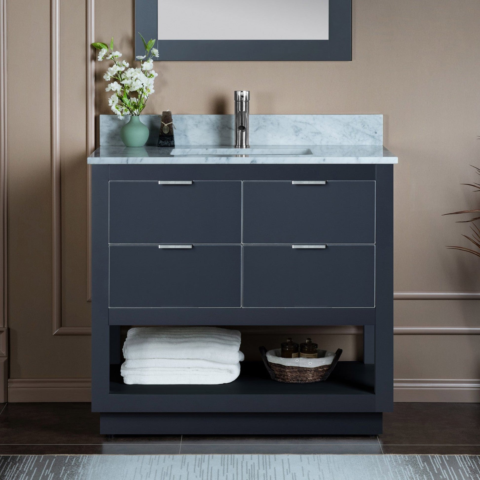 Woodbridge Venice 37" Gray and Brushed Nickel Trim Solid Wood Vanity Base and Carrara Marble Top With Pre-Drilled Single Hole Faucet