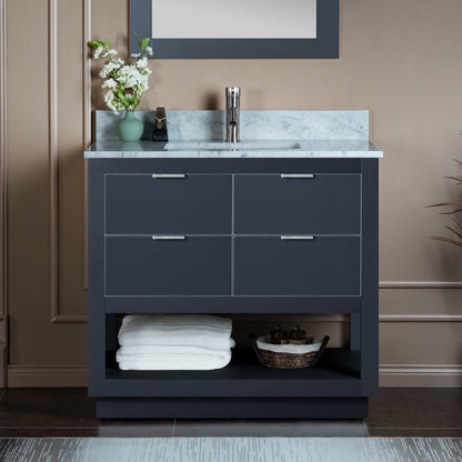 Woodbridge Venice 37" Gray and Brushed Nickel Trim Solid Wood Vanity Base and Carrara Marble Top With Pre-Drilled Single Hole Faucet