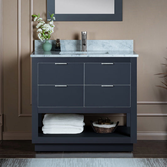 Woodbridge Venice 37" Gray and Brushed Nickel Trim Solid Wood Vanity Base and Carrara Marble Top With Pre-Drilled Single Hole Faucet