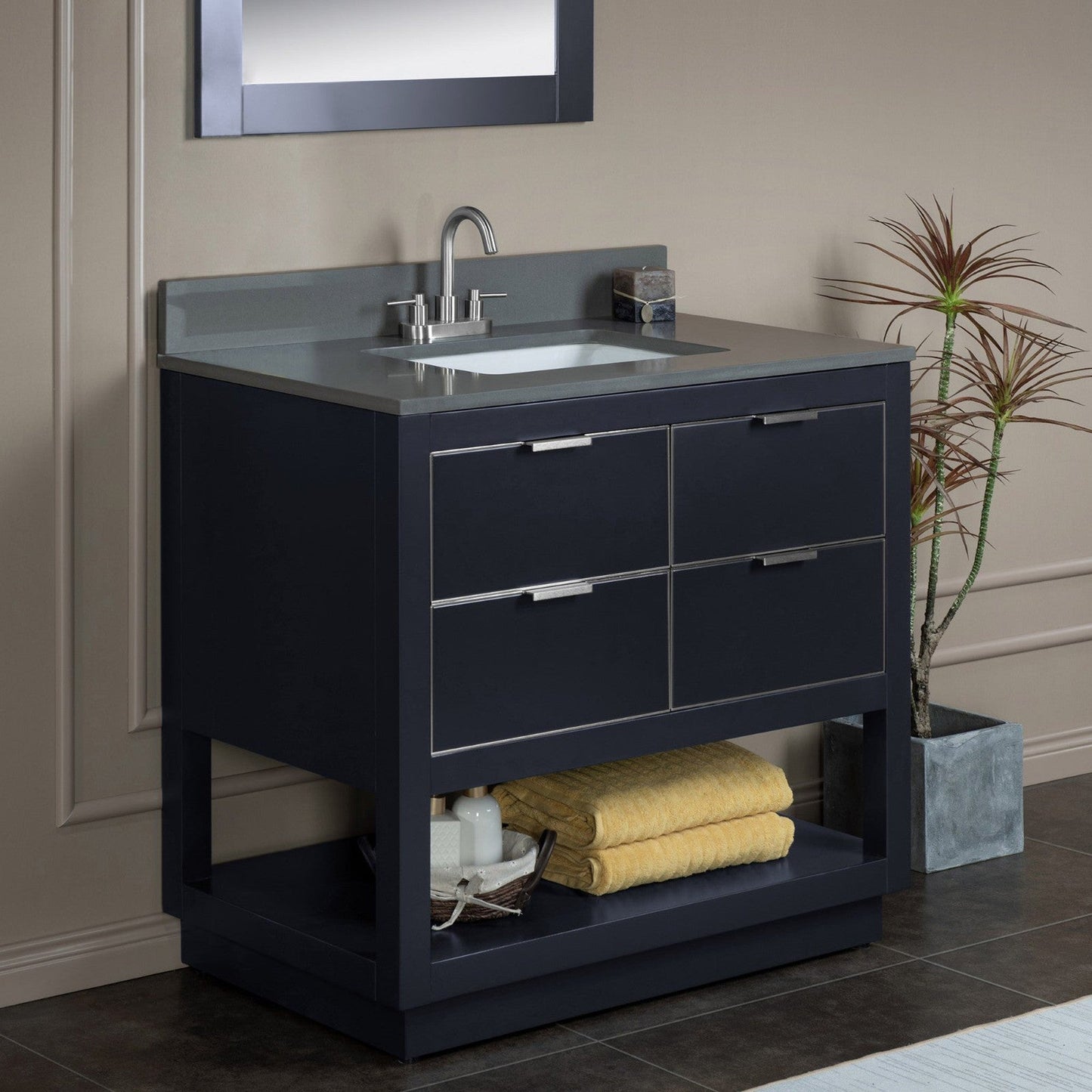 Woodbridge Venice 37" Gray and Brushed Nickel Trim Solid Wood Vanity Base and Dark Gray Engineered Stone Composite Top With 3 Pre-Drilled Holes for 4" Centerset Faucet