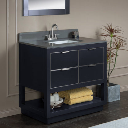 Woodbridge Venice 37" Gray and Brushed Nickel Trim Solid Wood Vanity Base and Dark Gray Engineered Stone Composite Top With 3 Pre-Drilled Holes for 4" Centerset Faucet