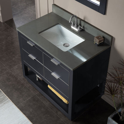 Woodbridge Venice 37" Gray and Brushed Nickel Trim Solid Wood Vanity Base and Dark Gray Engineered Stone Composite Top With 3 Pre-Drilled Holes for 4" Centerset Faucet