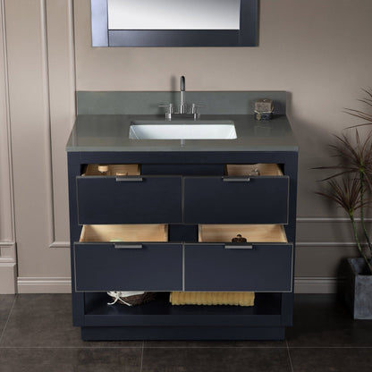 Woodbridge Venice 37" Gray and Brushed Nickel Trim Solid Wood Vanity Base and Dark Gray Engineered Stone Composite Top With 3 Pre-Drilled Holes for 4" Centerset Faucet