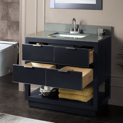 Woodbridge Venice 37" Gray and Brushed Nickel Trim Solid Wood Vanity Base and Dark Gray Engineered Stone Composite Top With 3 Pre-Drilled Holes for 4" Centerset Faucet