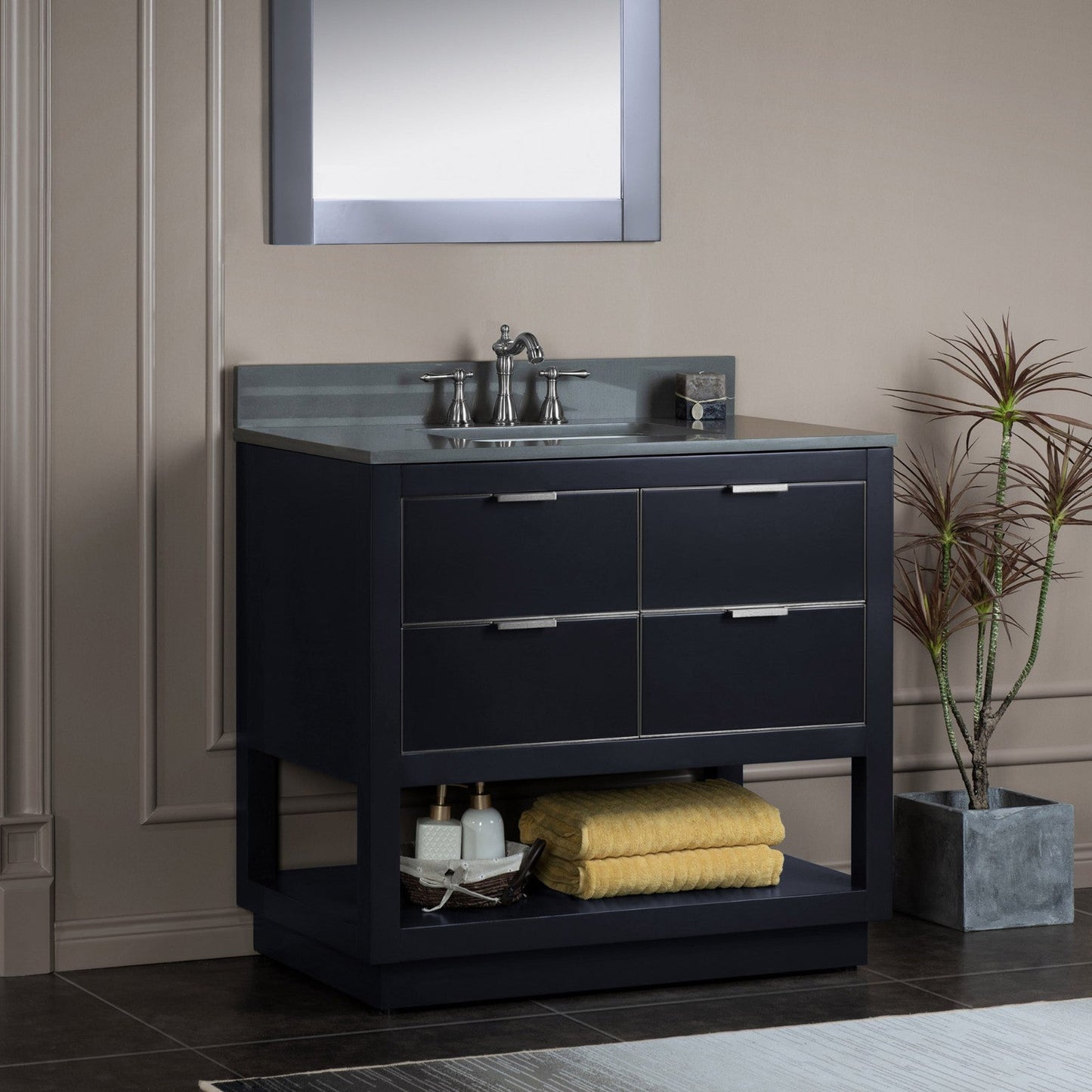 Woodbridge Venice 37" Gray and Brushed Nickel Trim Solid Wood Vanity Base and Dark Gray Engineered Stone Composite Top With 3 Pre-drilled Holes for 8" Widespread Faucet