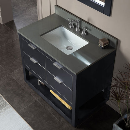Woodbridge Venice 37" Gray and Brushed Nickel Trim Solid Wood Vanity Base and Dark Gray Engineered Stone Composite Top With 3 Pre-drilled Holes for 8" Widespread Faucet