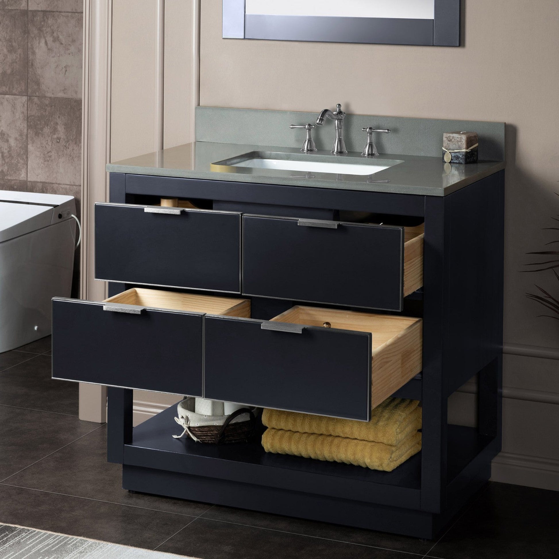 Woodbridge Venice 37" Gray and Brushed Nickel Trim Solid Wood Vanity Base and Dark Gray Engineered Stone Composite Top With 3 Pre-drilled Holes for 8" Widespread Faucet