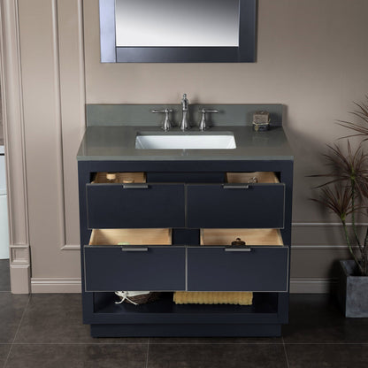 Woodbridge Venice 37" Gray and Brushed Nickel Trim Solid Wood Vanity Base and Dark Gray Engineered Stone Composite Top With 3 Pre-drilled Holes for 8" Widespread Faucet