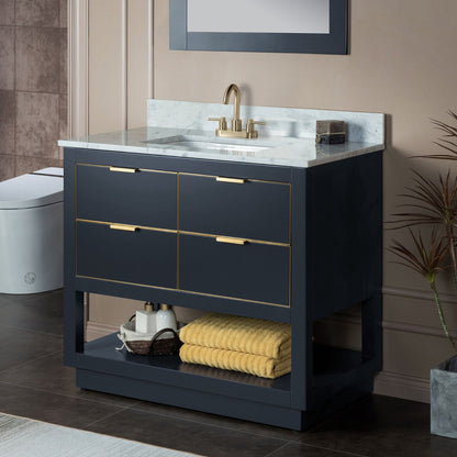 Woodbridge Venice 37" Gray and Gold Trim Solid Wood Vanity Base and Carrara Marble Top With 3 Pre-Drilled Holes for 4" Centerset Faucet