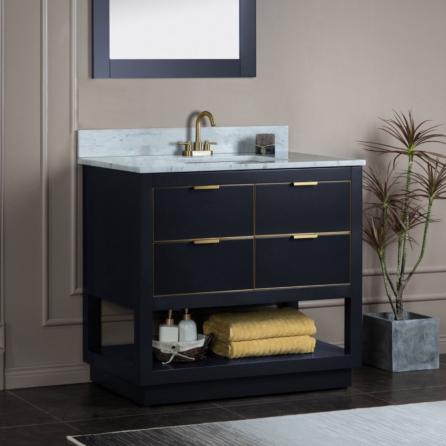 Woodbridge Venice 37" Gray and Gold Trim Solid Wood Vanity Base and Carrara Marble Top With 3 Pre-Drilled Holes for 4" Centerset Faucet