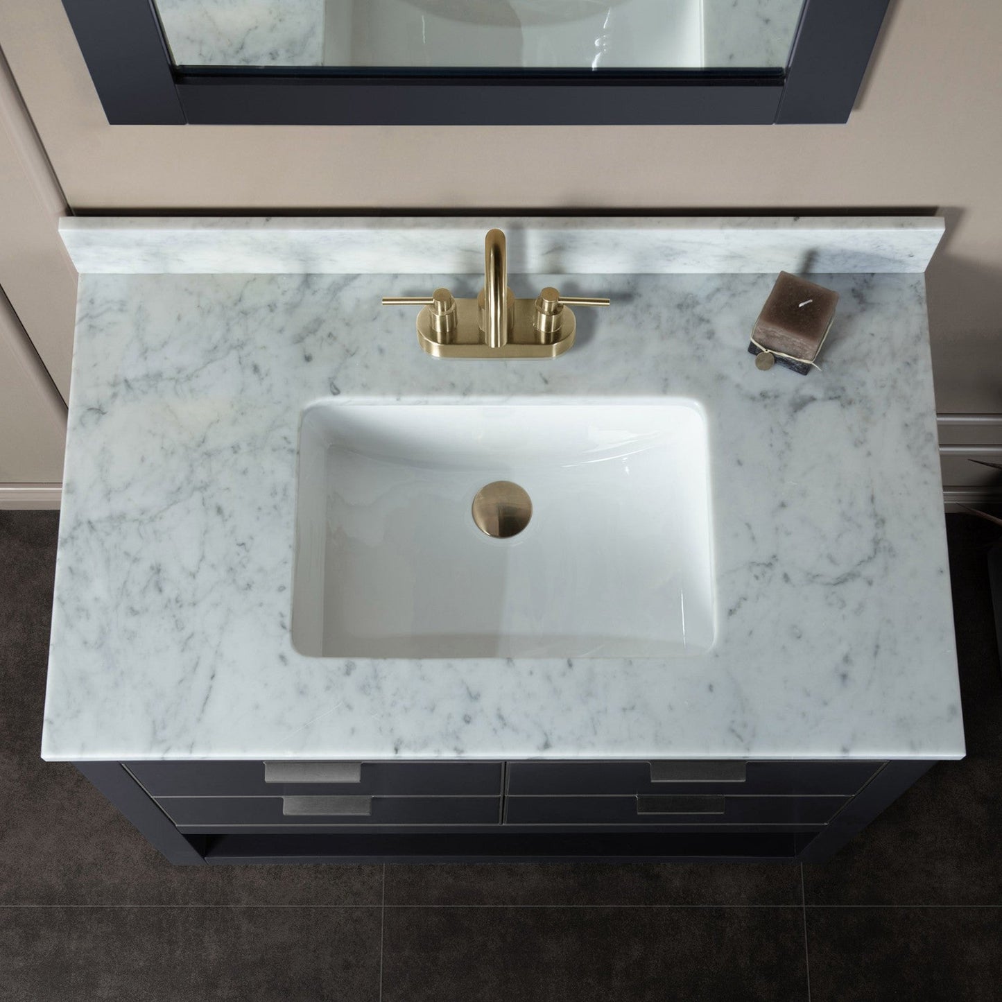 Woodbridge Venice 37" Gray and Gold Trim Solid Wood Vanity Base and Carrara Marble Top With 3 Pre-Drilled Holes for 4" Centerset Faucet
