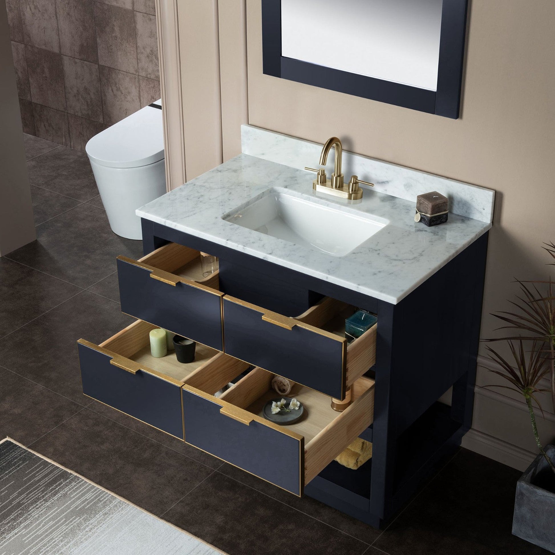 Woodbridge Venice 37" Gray and Gold Trim Solid Wood Vanity Base and Carrara Marble Top With 3 Pre-Drilled Holes for 4" Centerset Faucet