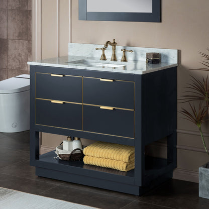Woodbridge Venice 37" Gray and Gold Trim Solid Wood Vanity Base and Carrara Marble Top With 3 Pre-drilled Holes for 8" Widespread Faucet