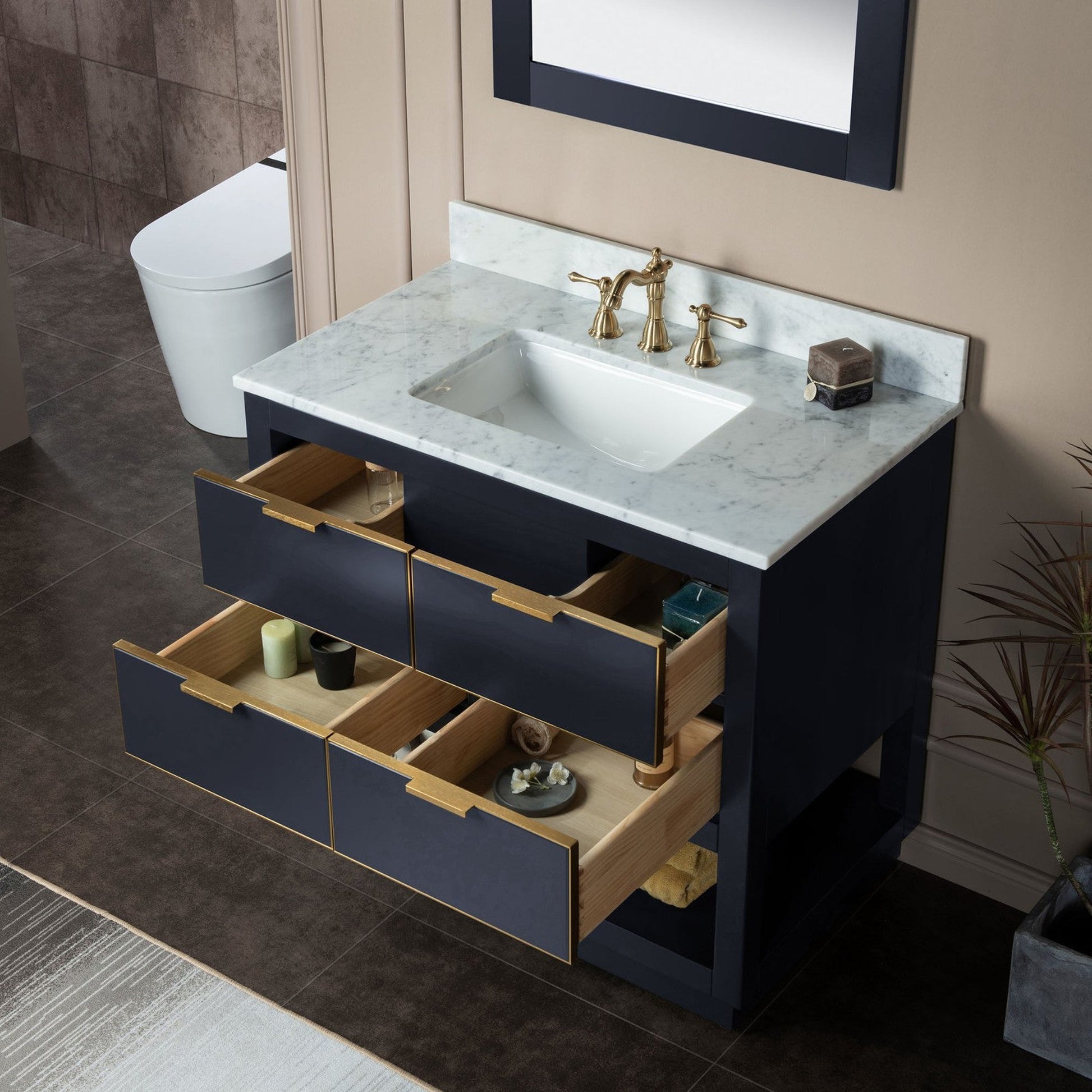 Woodbridge Venice 37" Gray and Gold Trim Solid Wood Vanity Base and Carrara Marble Top With 3 Pre-drilled Holes for 8" Widespread Faucet
