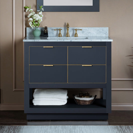 Woodbridge Venice 37" Gray and Gold Trim Solid Wood Vanity Base and Carrara Marble Top With 3 Pre-drilled Holes for 8" Widespread Faucet