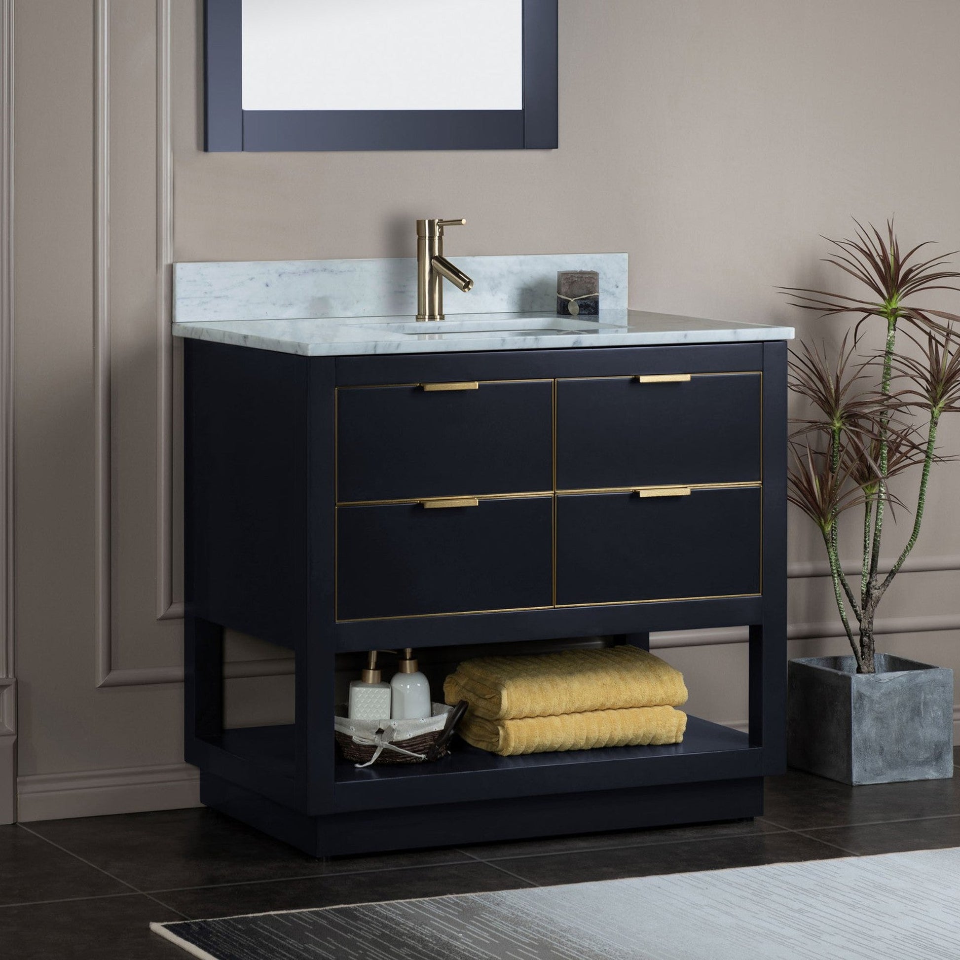 Woodbridge Venice 37" Gray and Gold Trim Solid Wood Vanity Base and Carrara Marble Top With Pre-Drilled Single Hole Faucet
