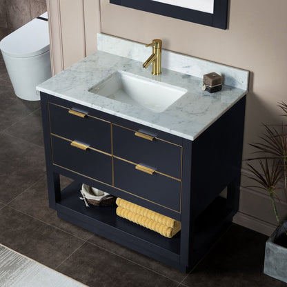 Woodbridge Venice 37" Gray and Gold Trim Solid Wood Vanity Base and Carrara Marble Top With Pre-Drilled Single Hole Faucet