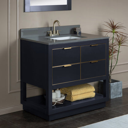 Woodbridge Venice 37" Gray and Gold Trim Solid Wood Vanity Base and Dark Gray Engineered Stone Composite Top With 3 Pre-Drilled Holes for 4" Centerset Faucet