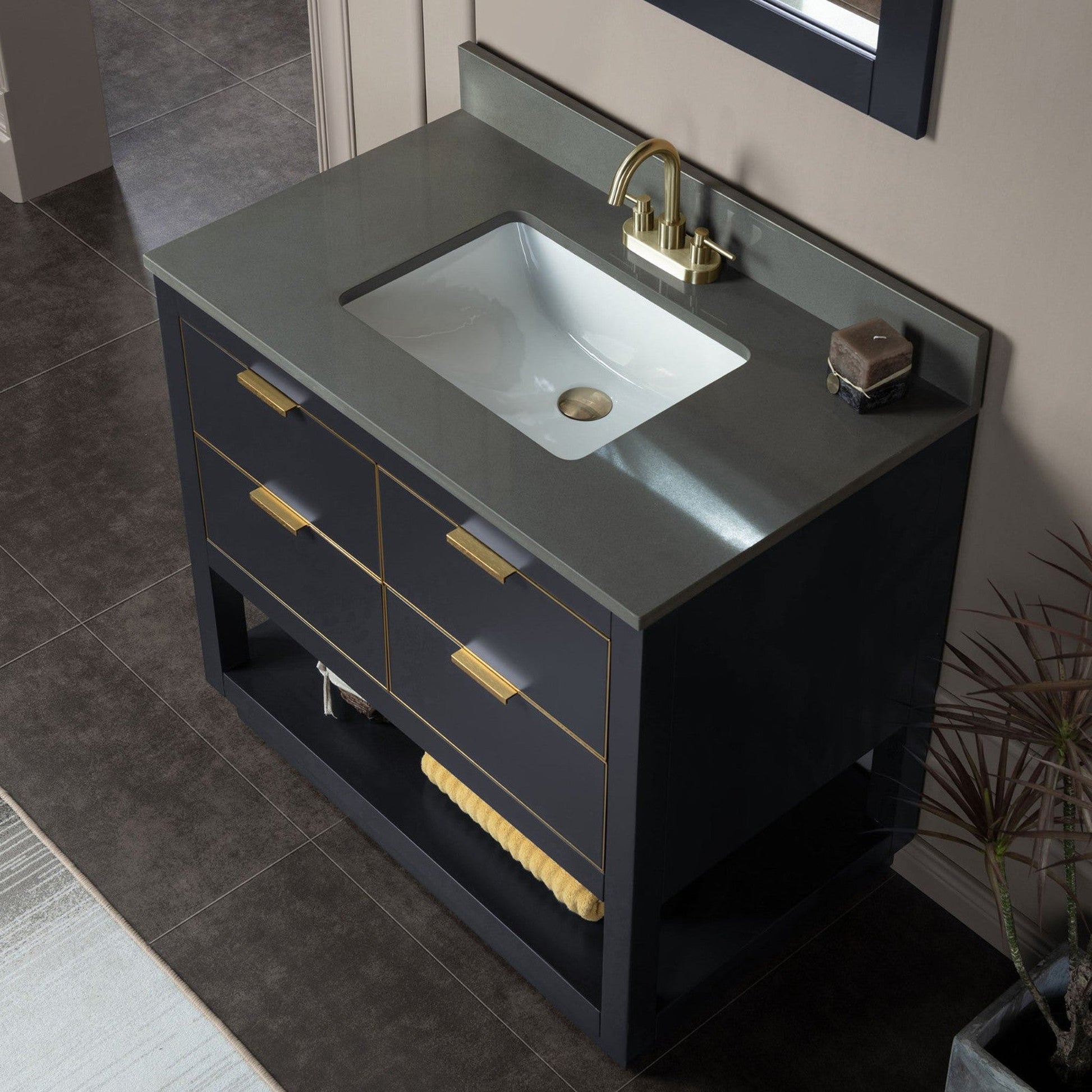 Woodbridge Venice 37" Gray and Gold Trim Solid Wood Vanity Base and Dark Gray Engineered Stone Composite Top With 3 Pre-Drilled Holes for 4" Centerset Faucet