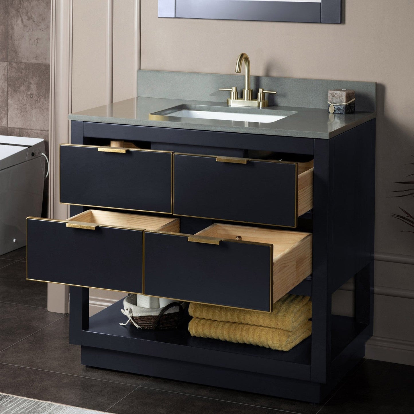 Woodbridge Venice 37" Gray and Gold Trim Solid Wood Vanity Base and Dark Gray Engineered Stone Composite Top With 3 Pre-Drilled Holes for 4" Centerset Faucet
